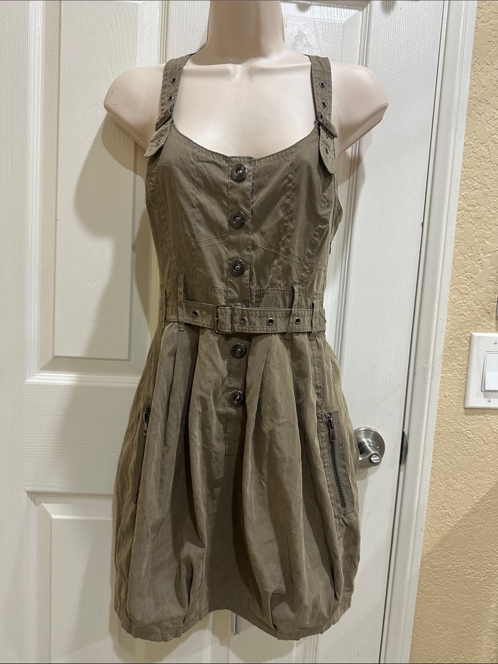 Olive Button-Front Utility Sundress